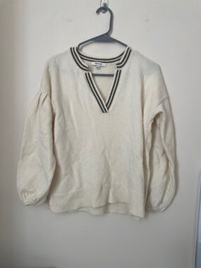 Madewell Cream V-Neck Sweater with Black Stripe Trim